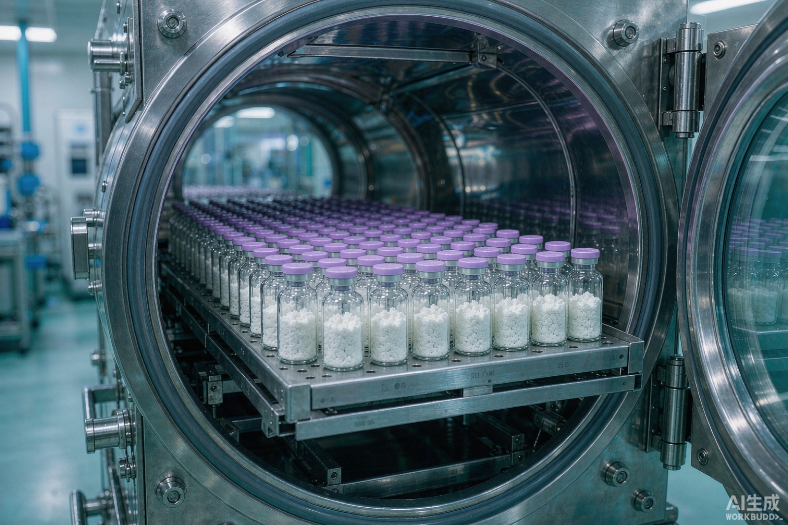 Lyophilizer chamber with freeze-dried biologics vials